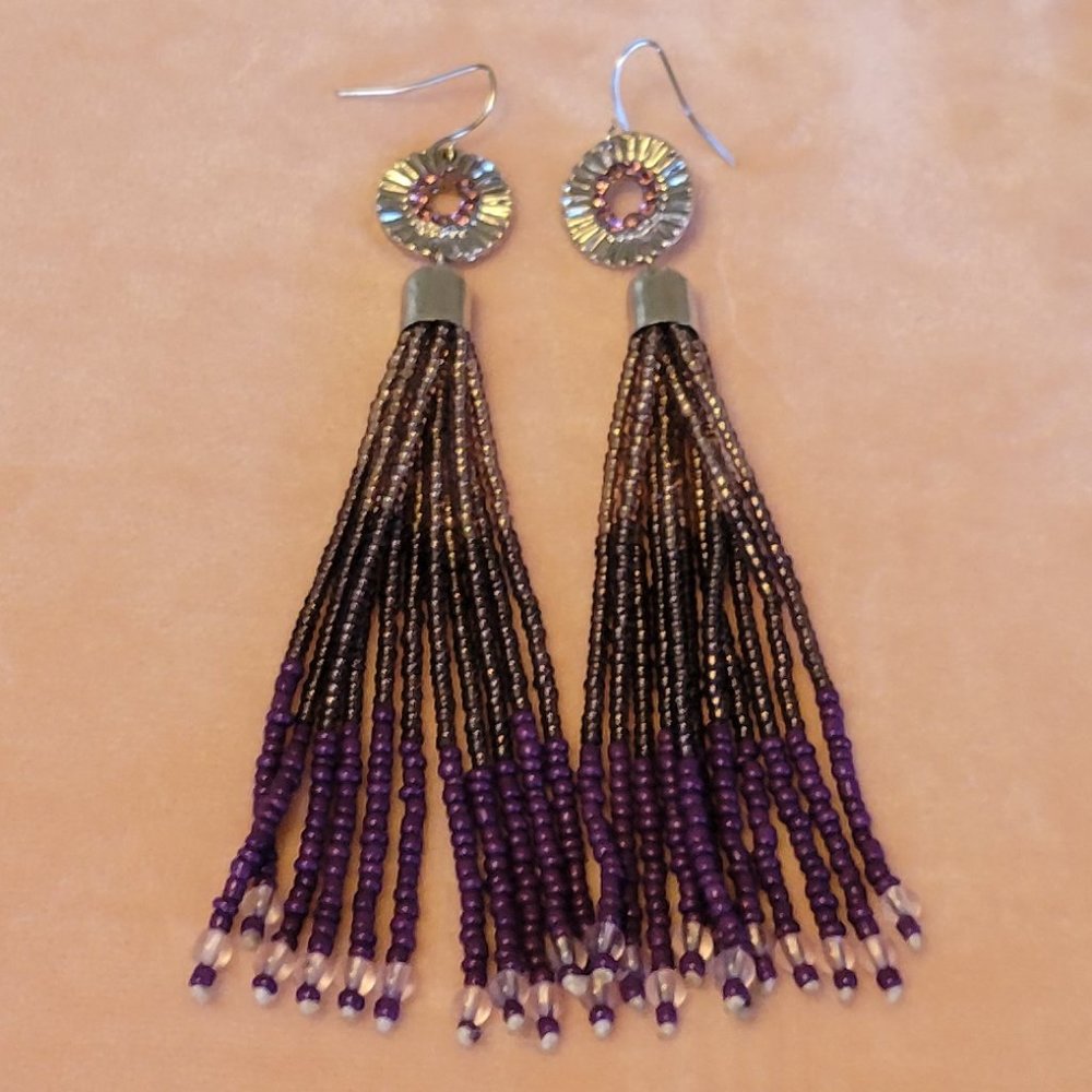 Beautiful fashionable amethyst beaded long dangling tassel earrings.
